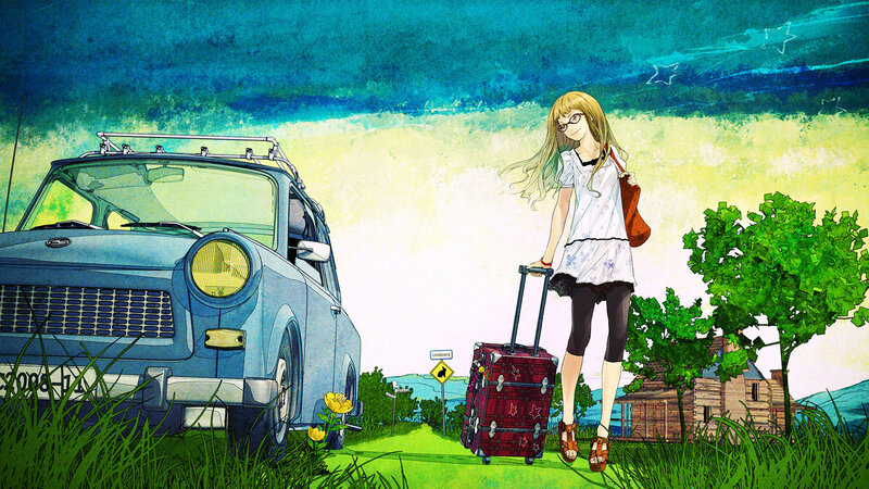 Anime Girl with Suitcase — Blue, Serene