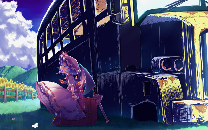 Anime girl with suitcase by train