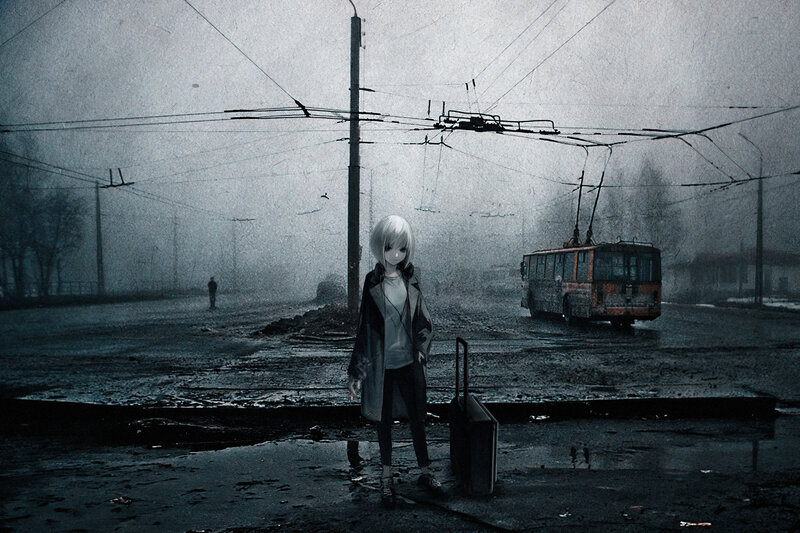 Anime Girl with Suitcase — Gray
