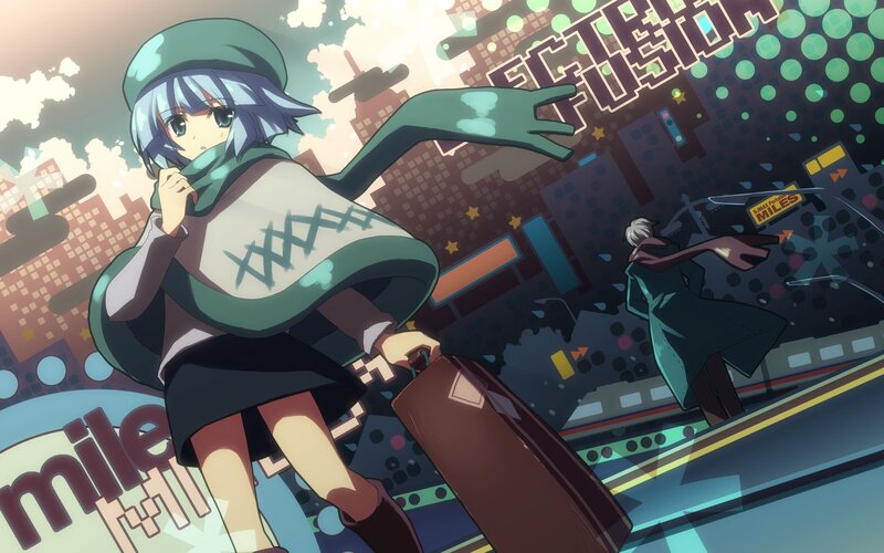 Anime girl with suitcase in city