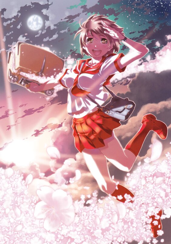 Anime girl with suitcase in sky