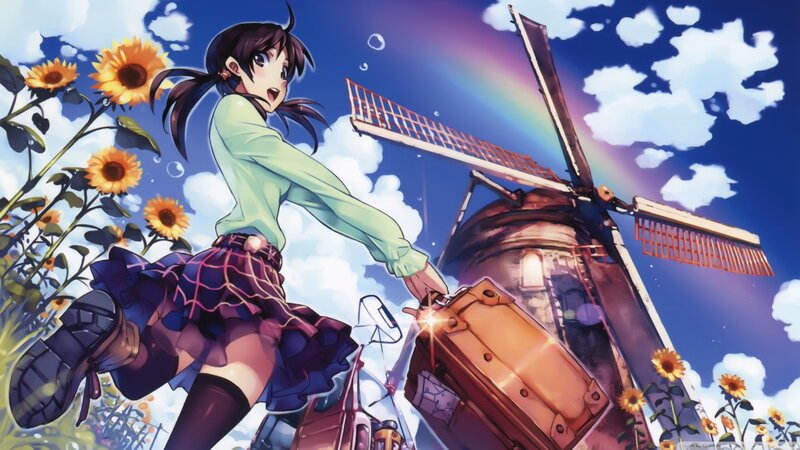 anime girl with suitcase near windmill