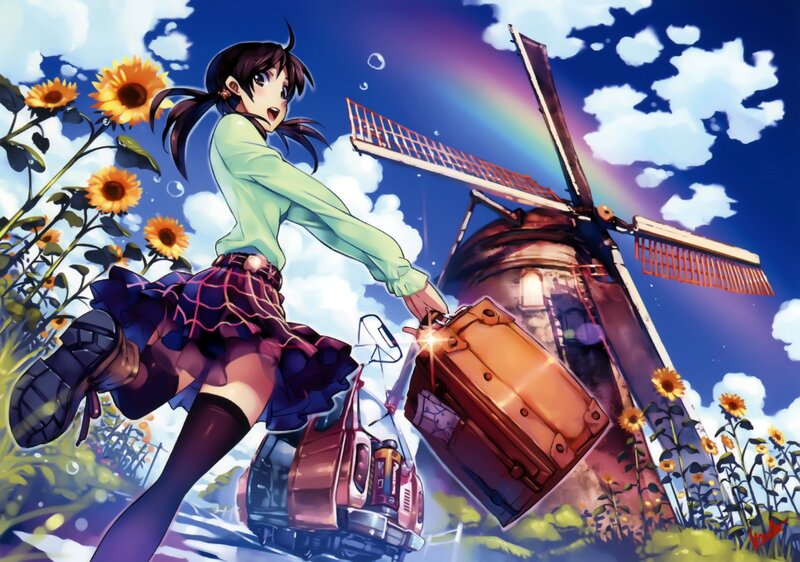 Anime girl with suitcase near windmill
