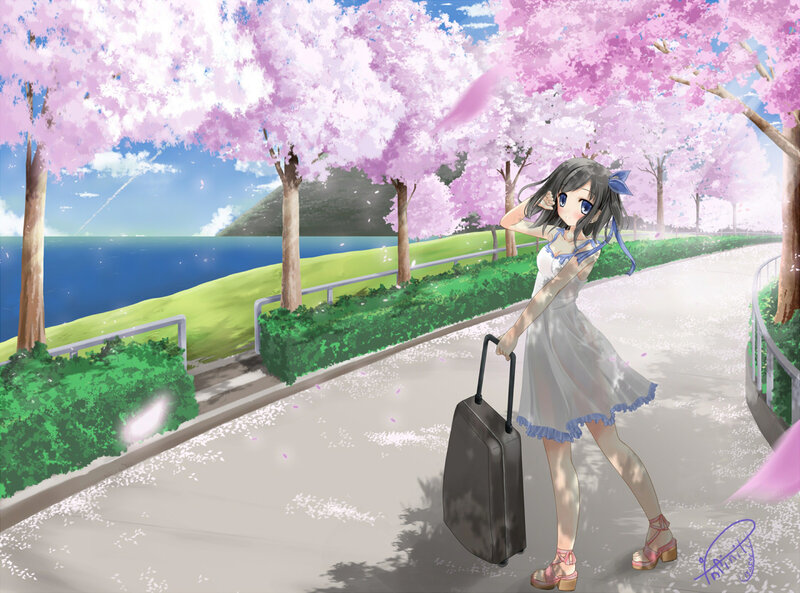 Anime Girl with Suitcase — Pink, Serene