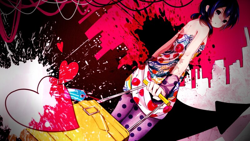 Anime Girl with Suitcase — Red, Dramatic, Digital Art