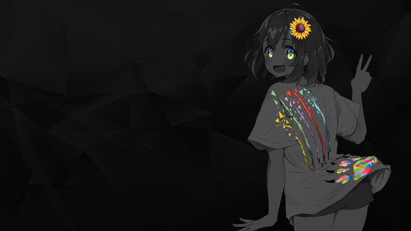 Anime Girl with Sunflower — Black, Playful, Digital Art