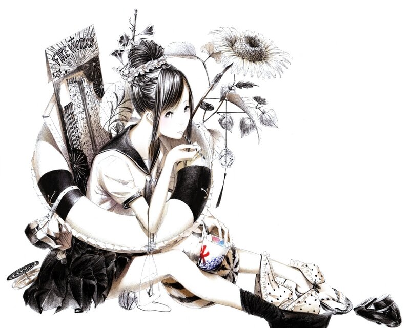 Anime Girl with Sunflower — Black