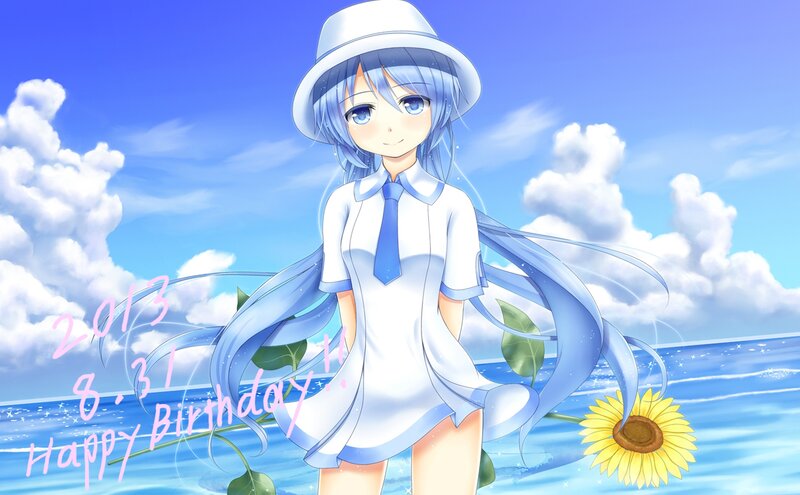 Anime Girl with Sunflower — Blue, Serene, Afternoon, Hat