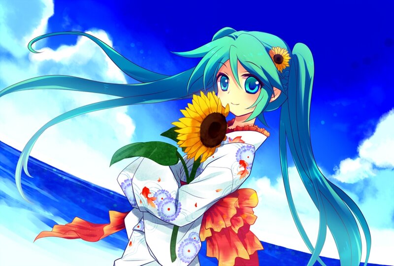 Anime Girl with Sunflower — Blue