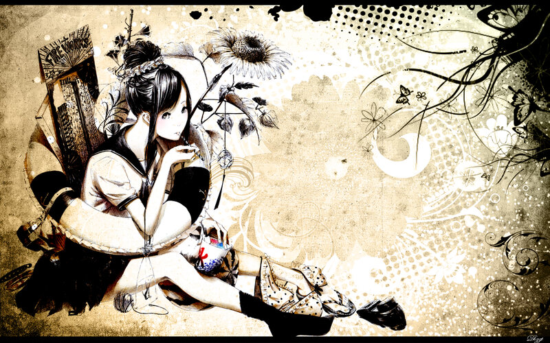 Anime Girl with Sunflower — Brown