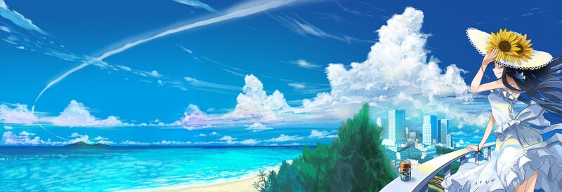 Anime girl with sunflower hat at beach