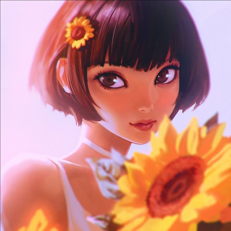 Anime Girl with Sunflower — Yellow, Calm