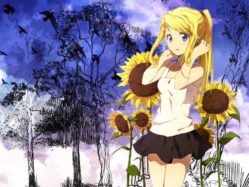 Anime girl with sunflowers