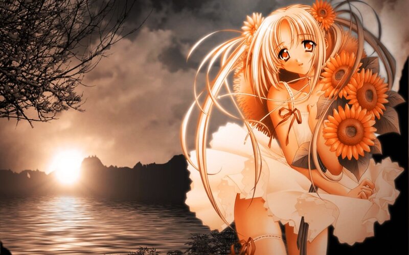 Anime girl with sunflowers at sunset