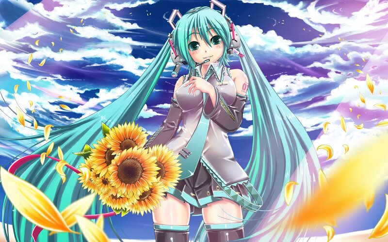 Anime Girl with Sunflowers — Blue, Dramatic, Afternoon, Digital Art