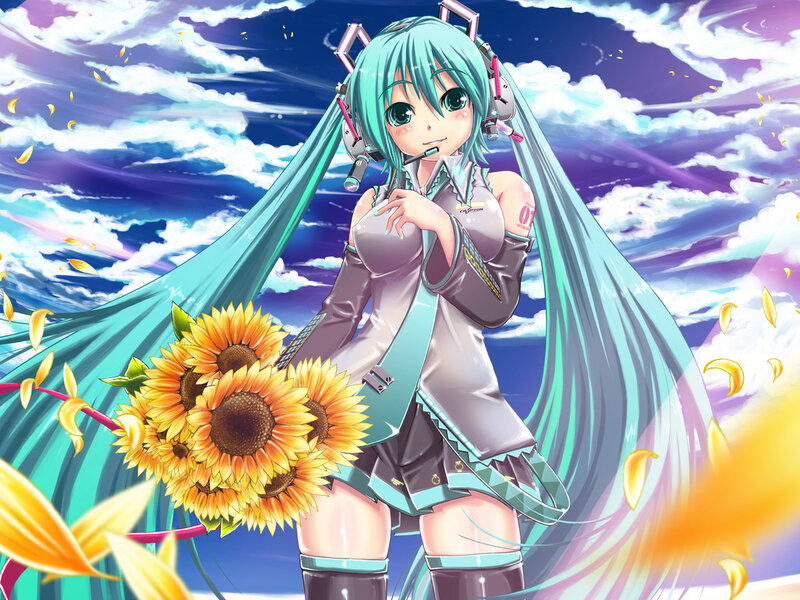 Anime Girl with Sunflowers — Blue, Dramatic, Afternoon