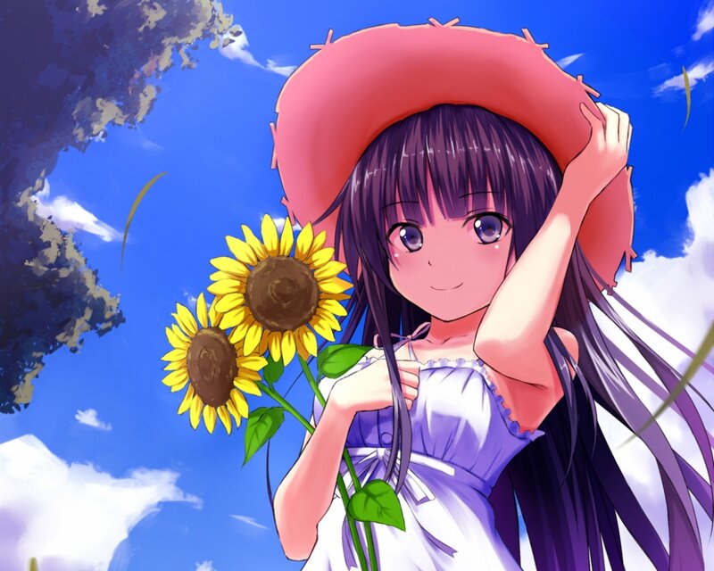 Anime Girl with Sunflowers — Blue, Serene, Afternoon, Hat