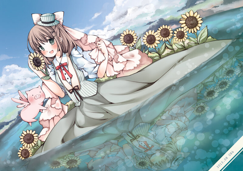 Anime Girl with Sunflowers — Blue, Serene, Afternoon