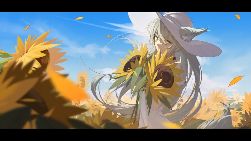 Anime Girl with Sunflowers — Blue, Serene, Summer, Digital Art, Hat