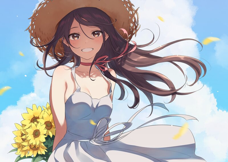 Anime Girl with Sunflowers — Blue, Serene, Summer, Digital Art