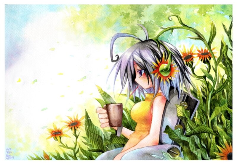 Anime Girl with Sunflowers — Green