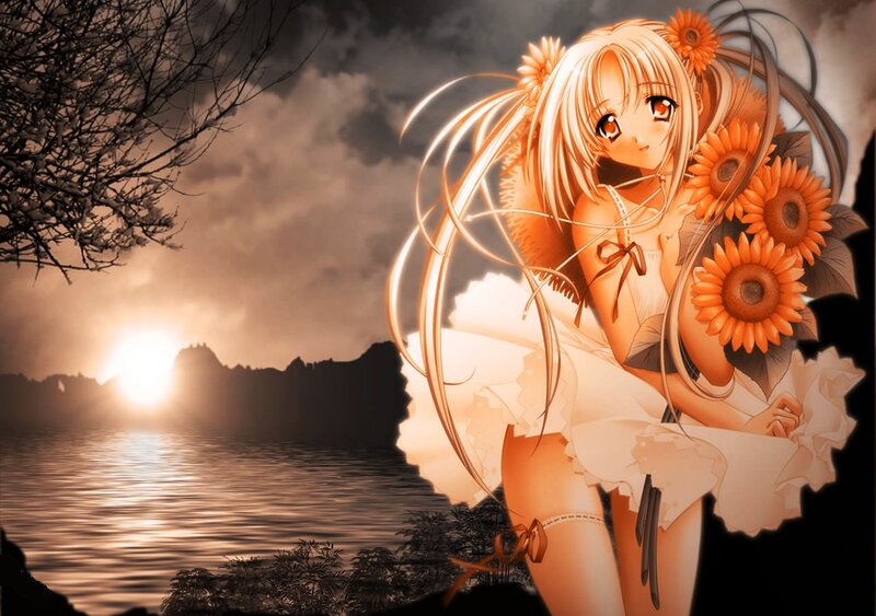 Anime Girl with Sunflowers — Orange, Dramatic