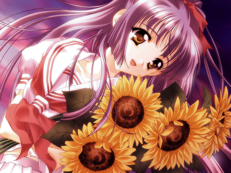 Anime Girl with Sunflowers — Purple, Calm, Sunset