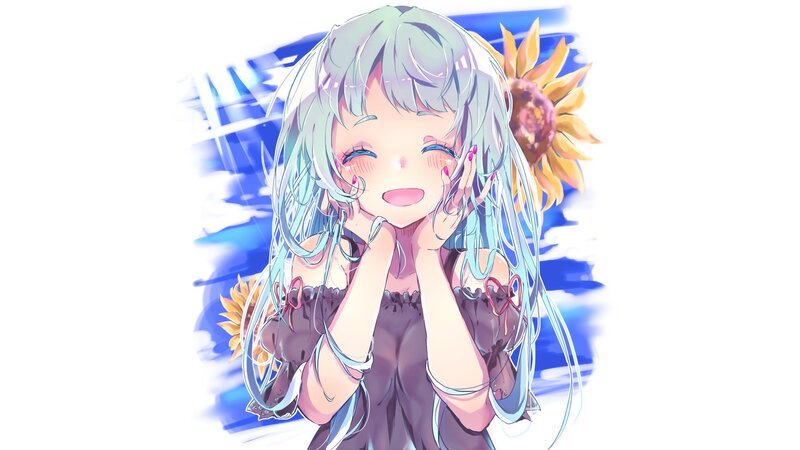 Anime Girl with Sunflowers — White, Happy