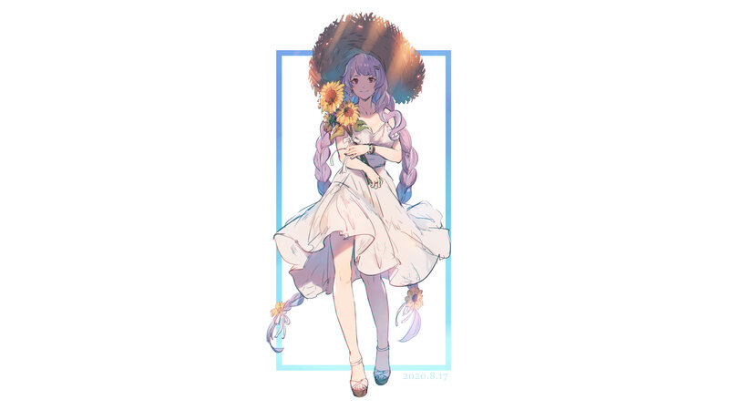 Anime Girl with Sunflowers — White, Serene, Afternoon