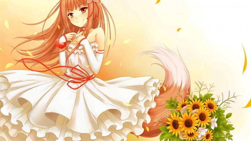 Anime Girl with Sunflowers — White, Serene, Autumn