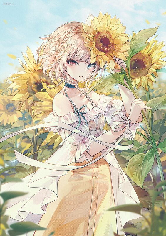 Anime Girl with Sunflowers — Yellow, Serene, Afternoon, Digital Art, Dress