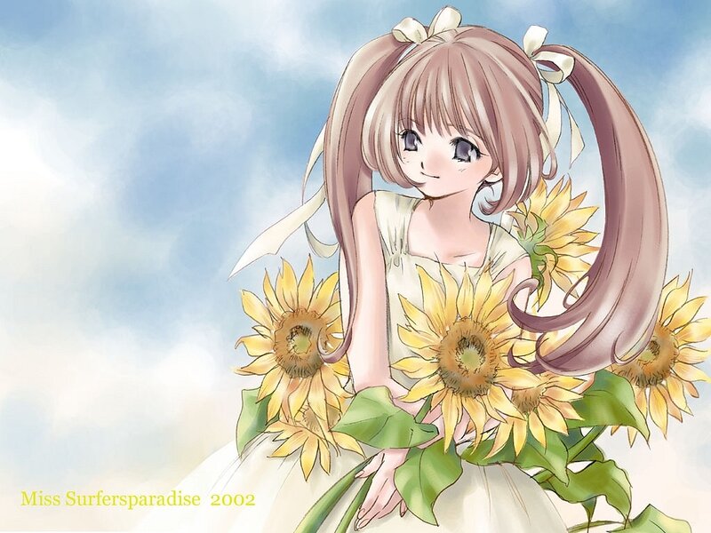 Anime Girl with Sunflowers — Yellow, Serene, Afternoon