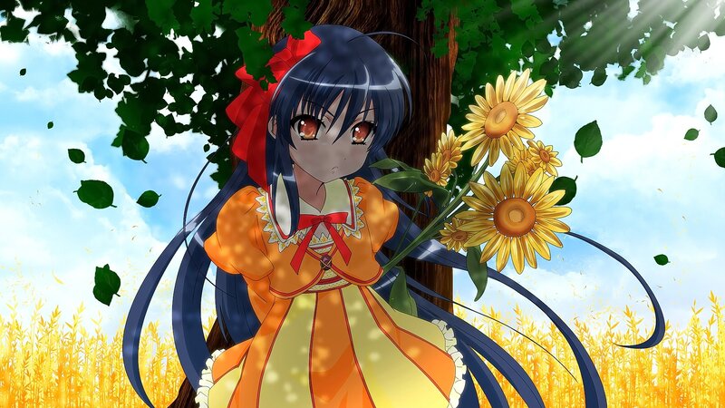 Anime Girl with Sunflowers — Yellow, Serene, Afternoon, Tree, Field