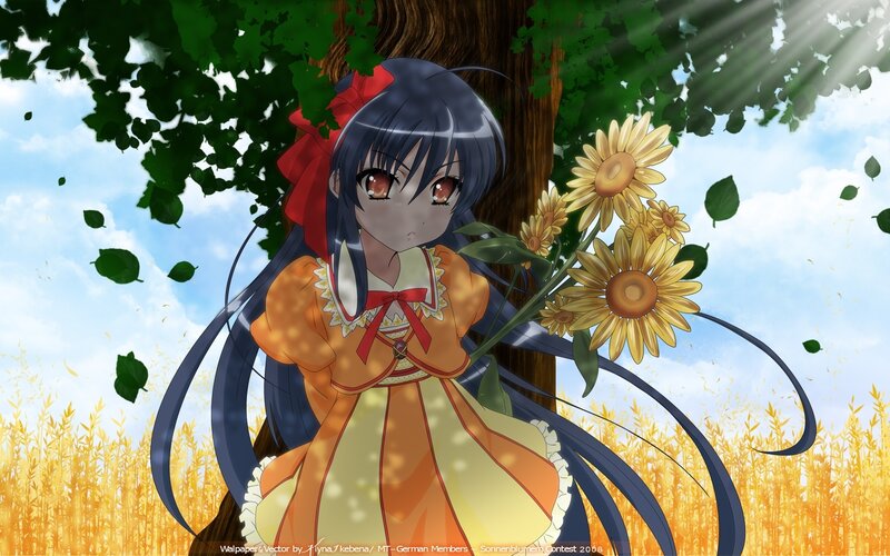 Anime Girl with Sunflowers — Yellow, Serene, Afternoon, Tree