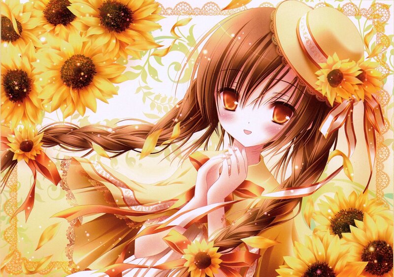 Anime Girl with Sunflowers — Yellow, Serene, Summer, Hat