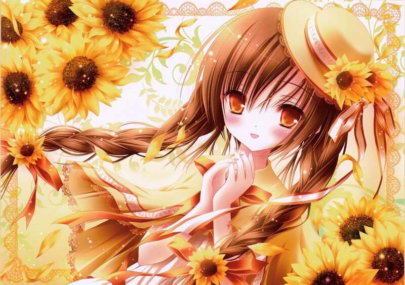 Anime Girl with Sunflowers — Yellow, Serene, Summer