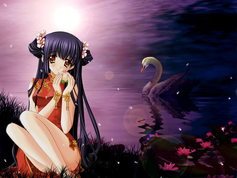 Anime girl with swan at dusk