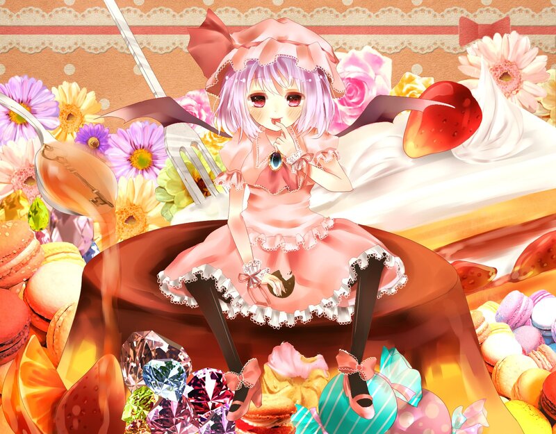 anime girl with sweets and flowers