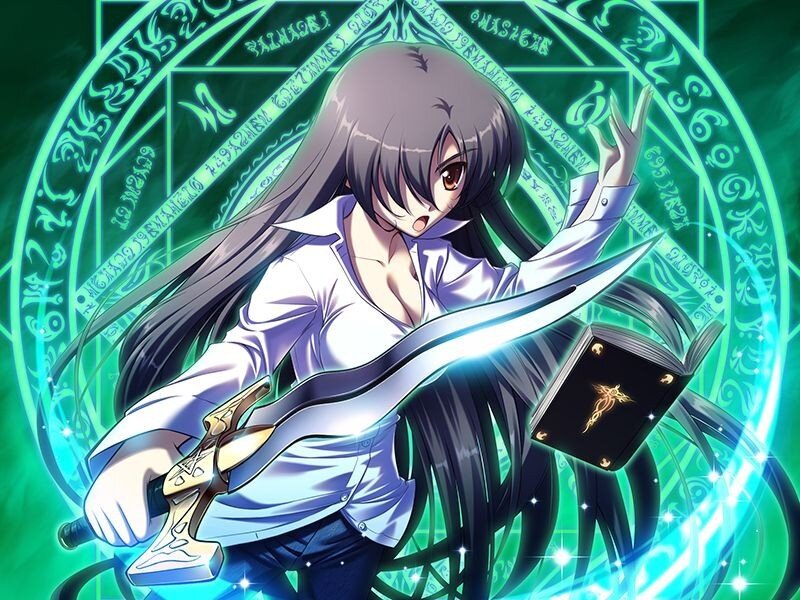 anime girl with sword and book