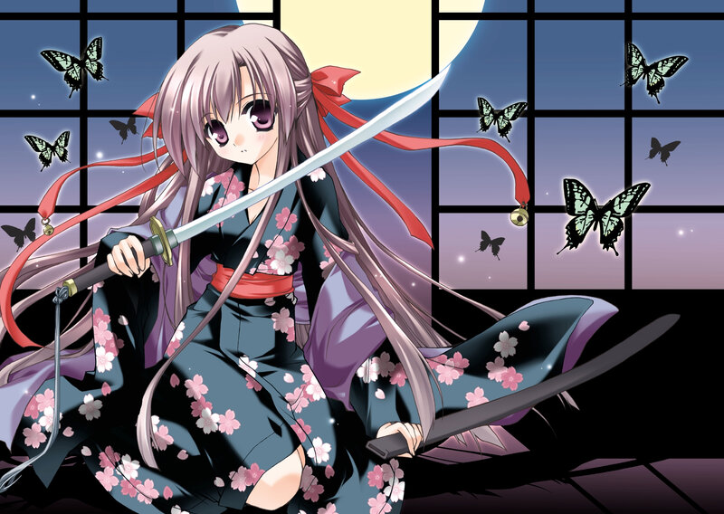 Anime girl with sword and butterflies