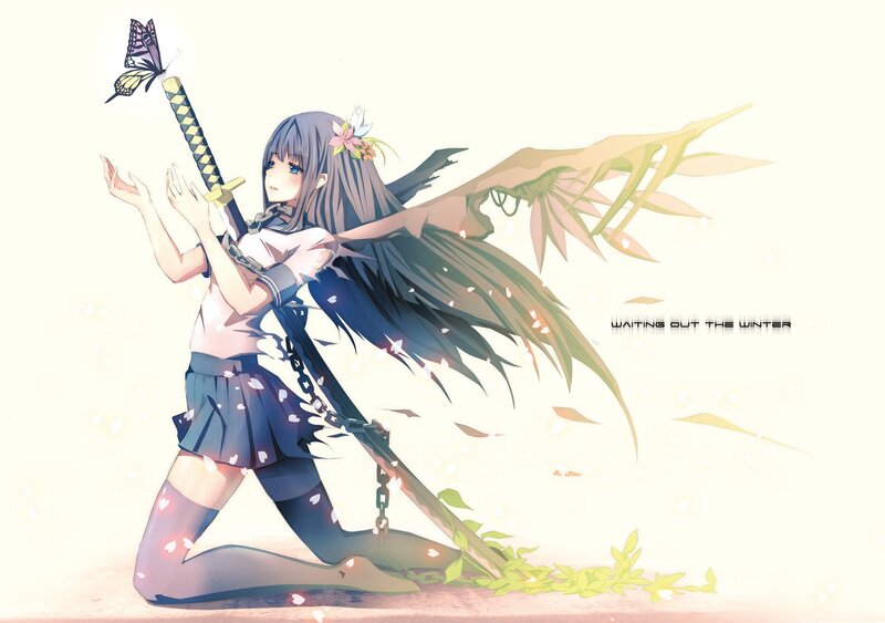 Anime girl with sword and butterfly