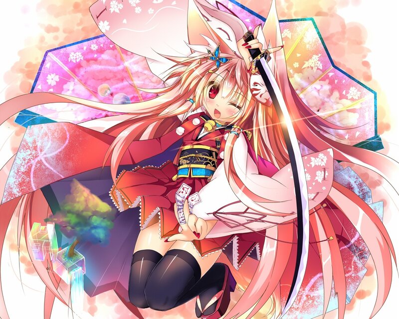 anime girl with sword and cards