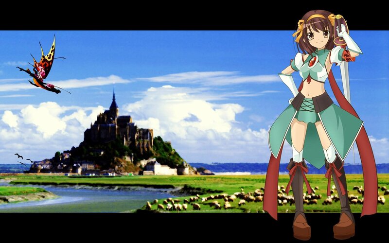 anime girl with sword and castle