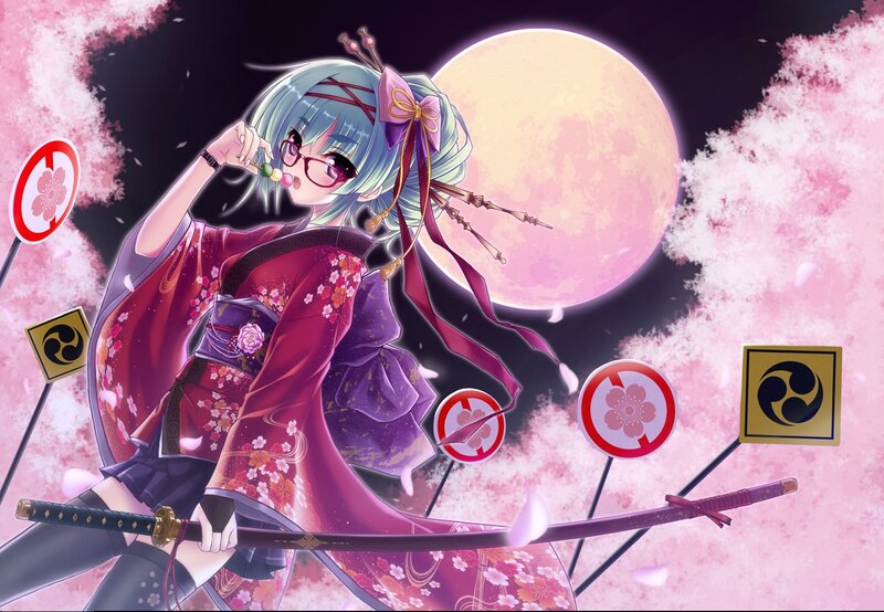 Anime girl with sword and cherry blossoms