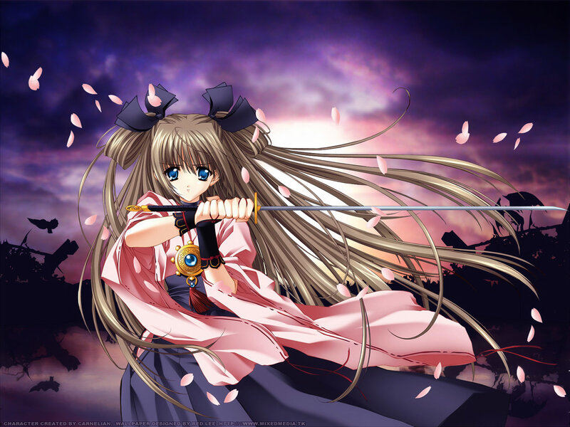 Anime girl with sword and cherry blossoms