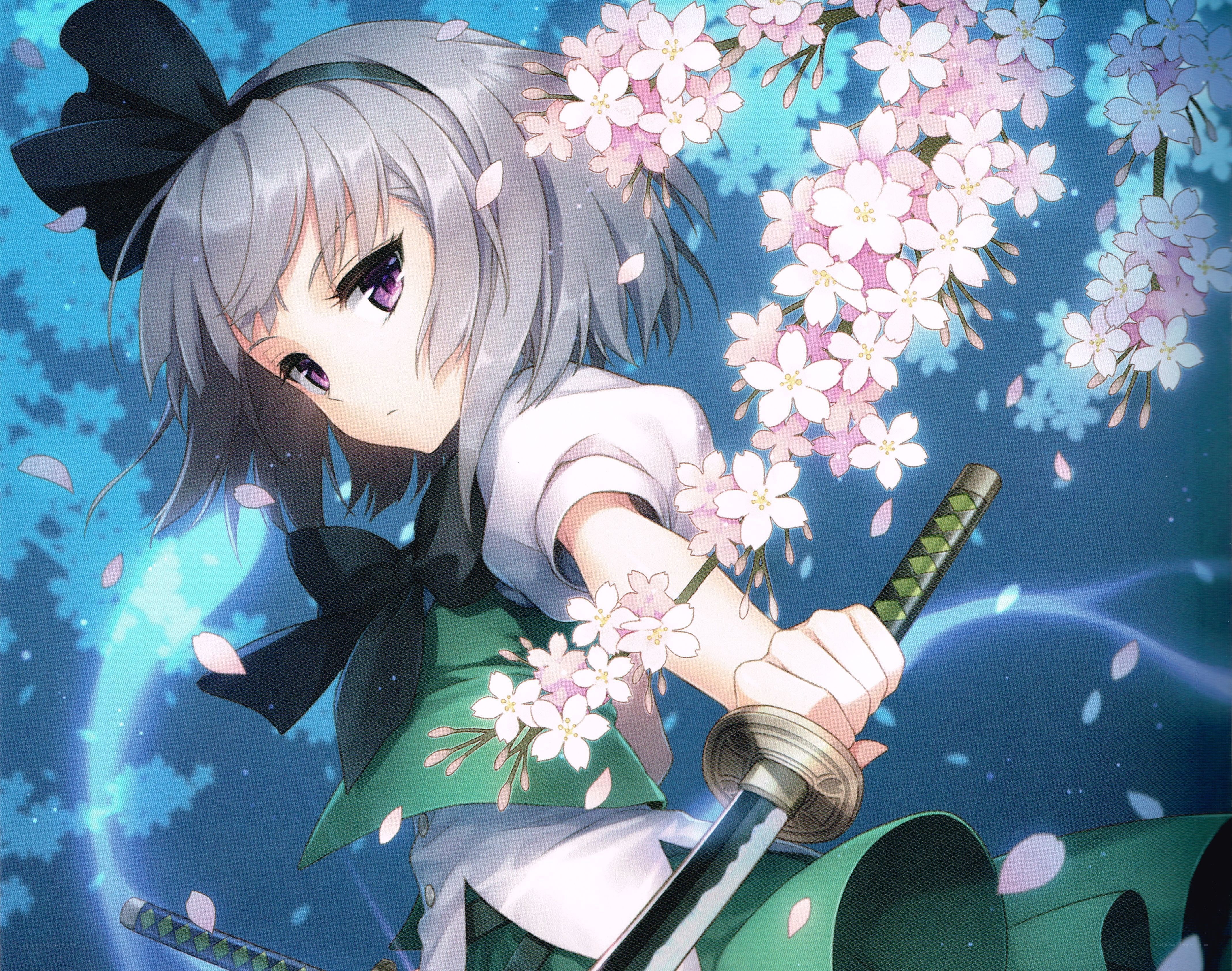 anime girl with sword and cherry blossoms