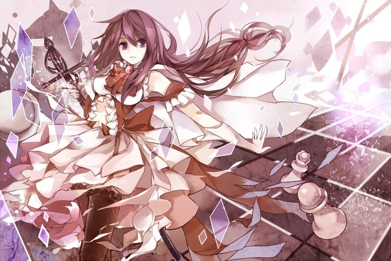 anime girl with sword and chess pieces