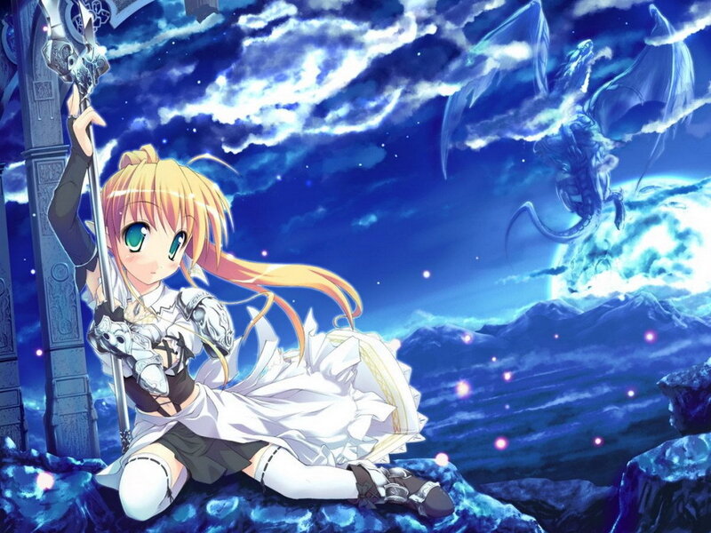Anime girl with sword and dragon