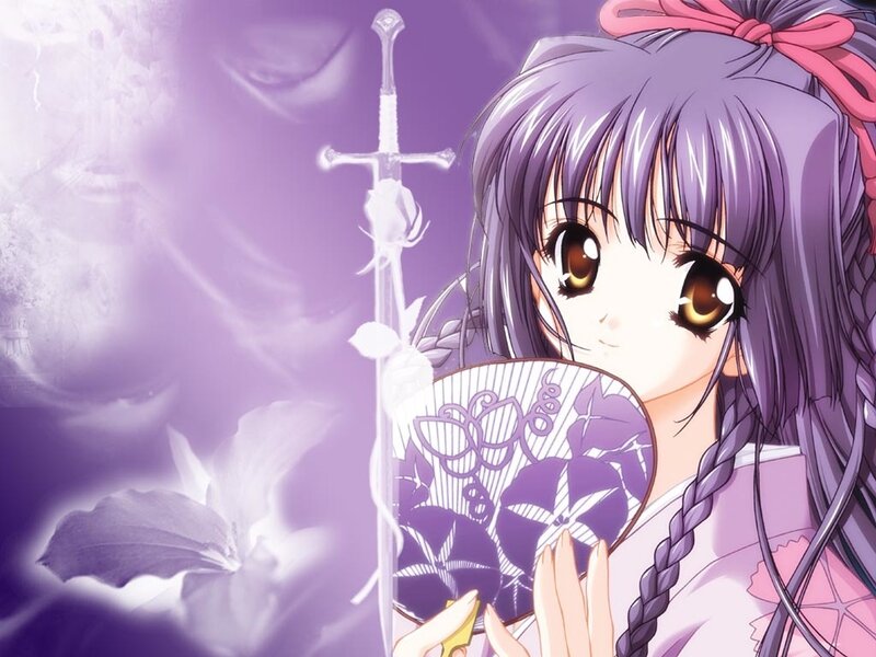 anime girl with sword and fan