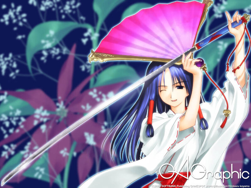 anime girl with sword and fan